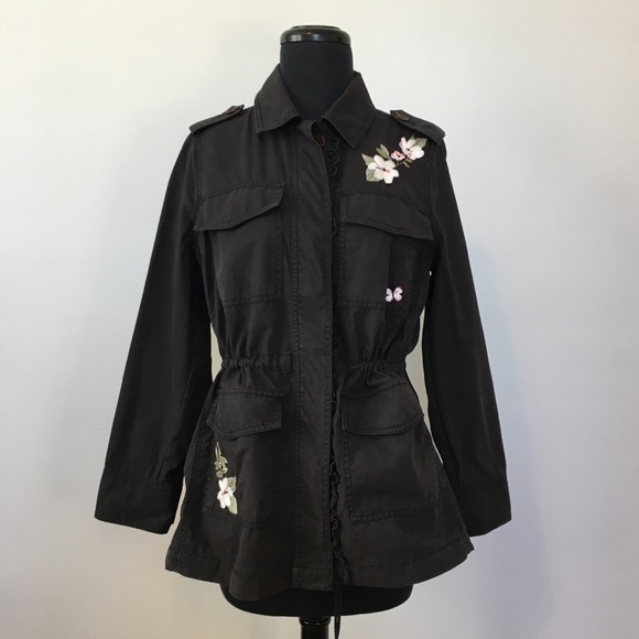 NWOT Kate Spade Floral Four Pocket Army Jacket In Black, XS - Picture 2 of 16